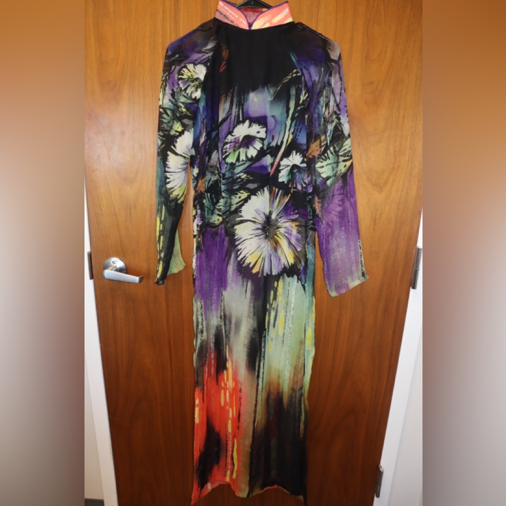 Floral Multicolor Maxi Qipao Sheer Dress